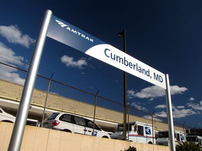 Trackside sign at the Cumberland, Maryland Amtrak station.