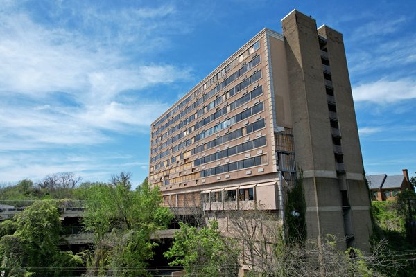 The former Ramada Plaza hotel in Petersburg, Virginia.  The hotel was built in 1973, and closed in 2012.  The hotel had been abandoned for ten years at this point, and was demolished by the end of year.