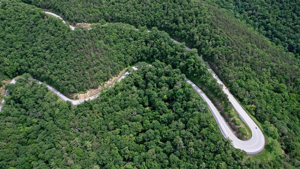 Hairpin turn on US 250 as it descends Shenandoah Mountain in Highland County, Virginia.