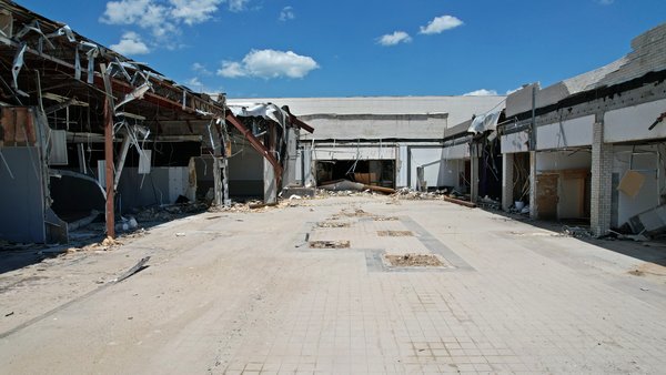 View down the former main corridor of Staunton Mall, facing north towards Montgomery Ward.  At this point in the demolition, the additions made to enclose the mall had all been removed on the original section of the mall, while the Belk wing remained intact.