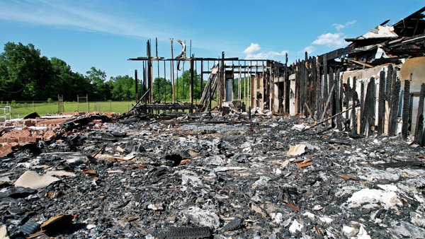Remains of the sanctuary at Sherando United Methodist Church in Lyndhurst, Virginia following an electrical fire that destroyed the church building.
