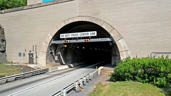 The western portal on the westbound side of the Kittatinny Mountain Tunnel, one of four remaining active tunnels on the Pennsylvania Turnpike mainline.