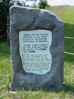 This sign, also made of foam, provides basic information to visitors about Foamhenge, comparing its construction to that of the original Stonehenge.