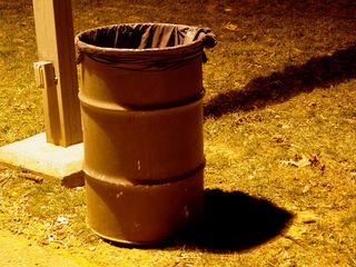 The trash receptacles, with the city beyond, normally a green color, appear brown by night...