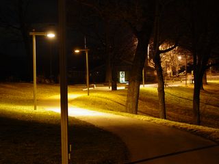 Meanwhile, within the park, lampposts light the way to both the lower parking lot (left) and also on the way up to the star.
