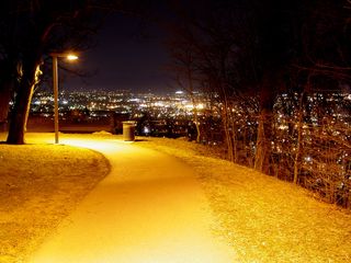 Looking back at the lower observation deck, we observe bright city lights in the distance, and the path around the park close by.