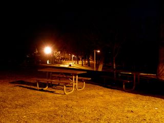 Inside the loop created by sidewalks and drives within the park, picnic tables sit at the ready for the next couple or family willing to enjoy a meal.