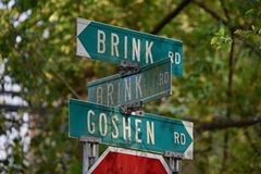 Street signs at the intersection of Brink and Goshen Roads near Montgomery Village, Maryland.