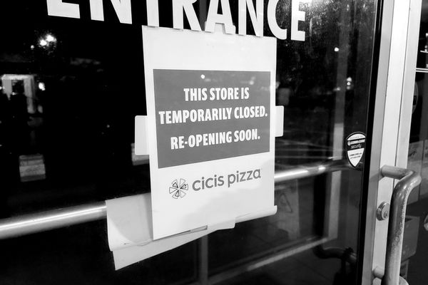 Sign on the door of Cici's Pizza, a buffet-style restaurant in Rockville, Maryland, announcing the location's temporary closure on account of dining restrictions implemented in March 2020.  In June 2020, the company announced that the temporary closure of this location would become permanent.