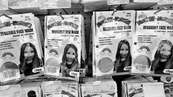 Reusable face masks for children on a rack at the Shoppers Food store in Laurel, Maryland.
