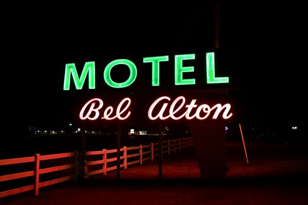 Neon sign at the Bel Alton Motel in Charles County, Maryland.