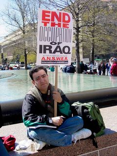 The most prevalent signs around were those made by International A.N.S.W.E.R., which stated such things as "End the Occupation of Iraq", "Act Now to Stop War and End Racism", "Fight the New Colonialism", "No War For Empire", "Vote No War", "Money for Jobs Not War", "No War on Iraq", etc.