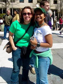 Look who I ran into!  Two friends of mine, Arianna and Linda, of Potomac Hall at JMU.  They decorated shirts for the occasion, with Arianna having “NOT MY WAR” written on the back of her shirt, and Linda having WWND on the front of her shirt stating “What Would Nixon Do”, and on the back, had the “oil logo speech” parody ironed onto the back of her shirt.