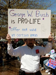 Here, we find an interesting contradiction in philosophy. Republicans are generally considered to be "pro-life" when it comes to abortion. Yet now, they're going in to Iraq, and killing people. Hmmm...