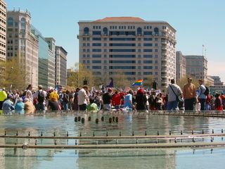 Along the fountain in Freedom Plaza, people lined up and took seats to watch the speakers. As you can see, this was a packed event!