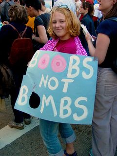 One of the more humorous posters was by this woman, who, simply put, advocated boobs over bombs...