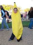 A young girl poses in a banana costume. Turns out that I was the one to break her shyness. Her parents told me that lots of people had wanted her to do the whole Peanut Butter Jelly Time bit, but she only did it after I started doing it first.