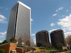 Federal Reserve building and Riverfront Plaza towers, viewed from north end of footbridge connecting Brown's Island and 7th Street.