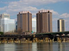 Riverfront Plaza towers on the Richmond skyline, viewed from Belle Isle.