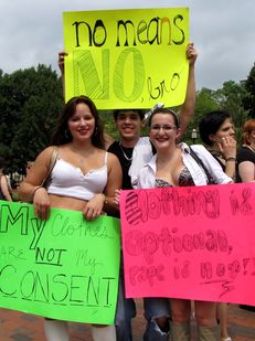 "No means NO, bro," "My clothes are NOT my consent," and "Clothing is optional, rape is not!"