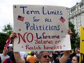 A woman holds a sign advocating term limits for all politicians.