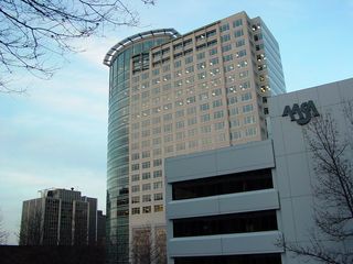 Now this is an interesting change! Beyond the AASA Building, we have 1801 North Lynn Street, Rosslyn's newest high-rise. This building was completed in 2002, and is postmodern in design.