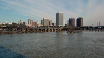 The Richmond skyline as viewed from the Belle Isle Bridge is a very modern one, indeed, with the major features being the Federal Reserve Bank of Richmond (center and tallest), and the Riverfront Plaza twin towers.
