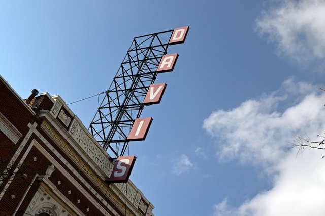 Signage for the Davis Theater, high above North Lincoln Avenue.